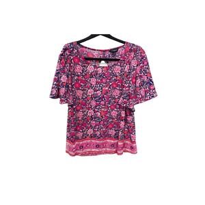 Lucky Brand, Floral color, FlutterSleeve Mixed Media Boho Top Cutout Back Medium